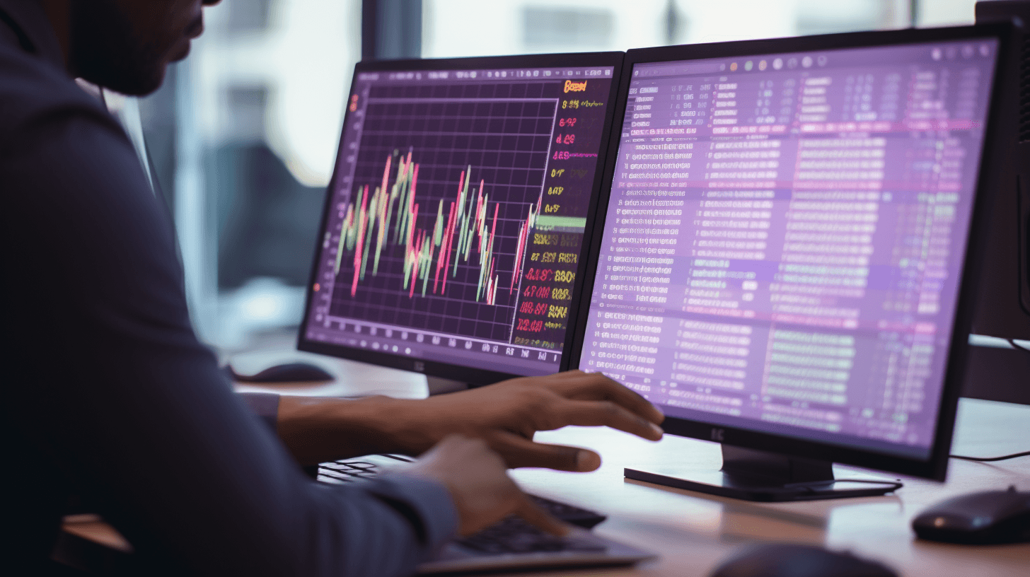 A person sits in front of 2 monitors analyzing investment data