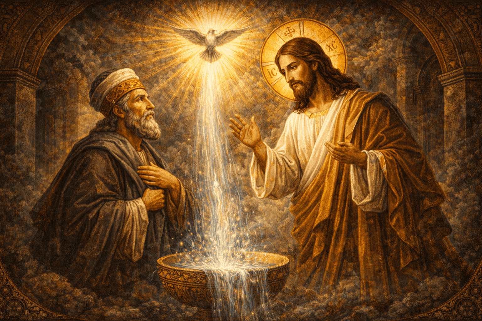 What does born again mean Byzantine Christian image of Jesus speaking with Nicodemus beside flowing water and a dove, symbolising spiritual rebirth, new life and the Holy Spirit.