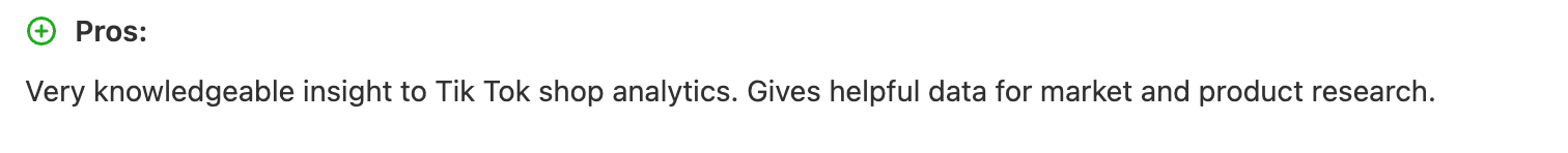 Review praising TikTok Shop analytics for helpful market and product research insights