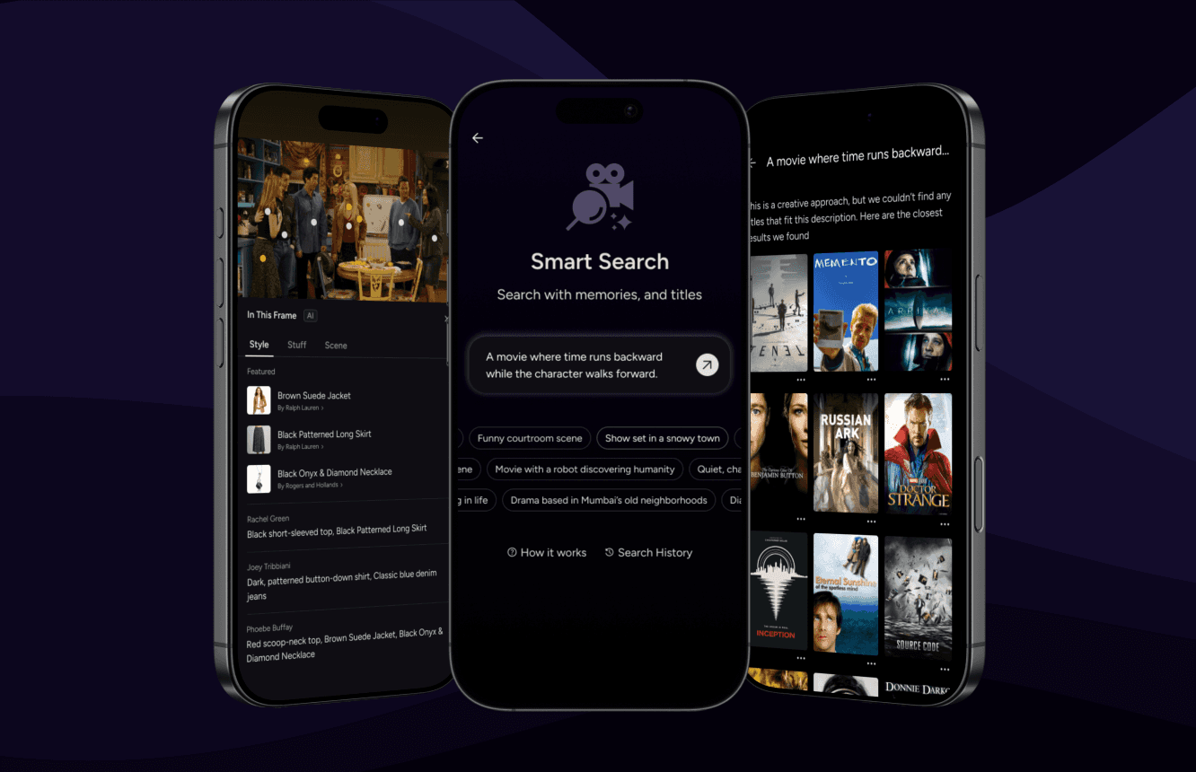Three smartphone screens showing an AI-powered 'Smart Search' that finds movies based on visual memories and specific scene descriptions