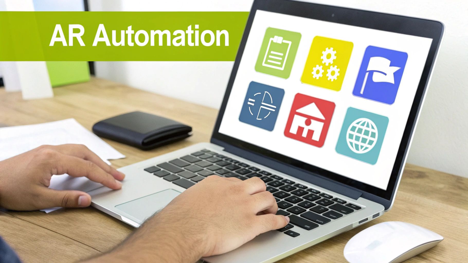 Person typing on a laptop displaying 'AR Automation' and colorful business-related icons on the screen.