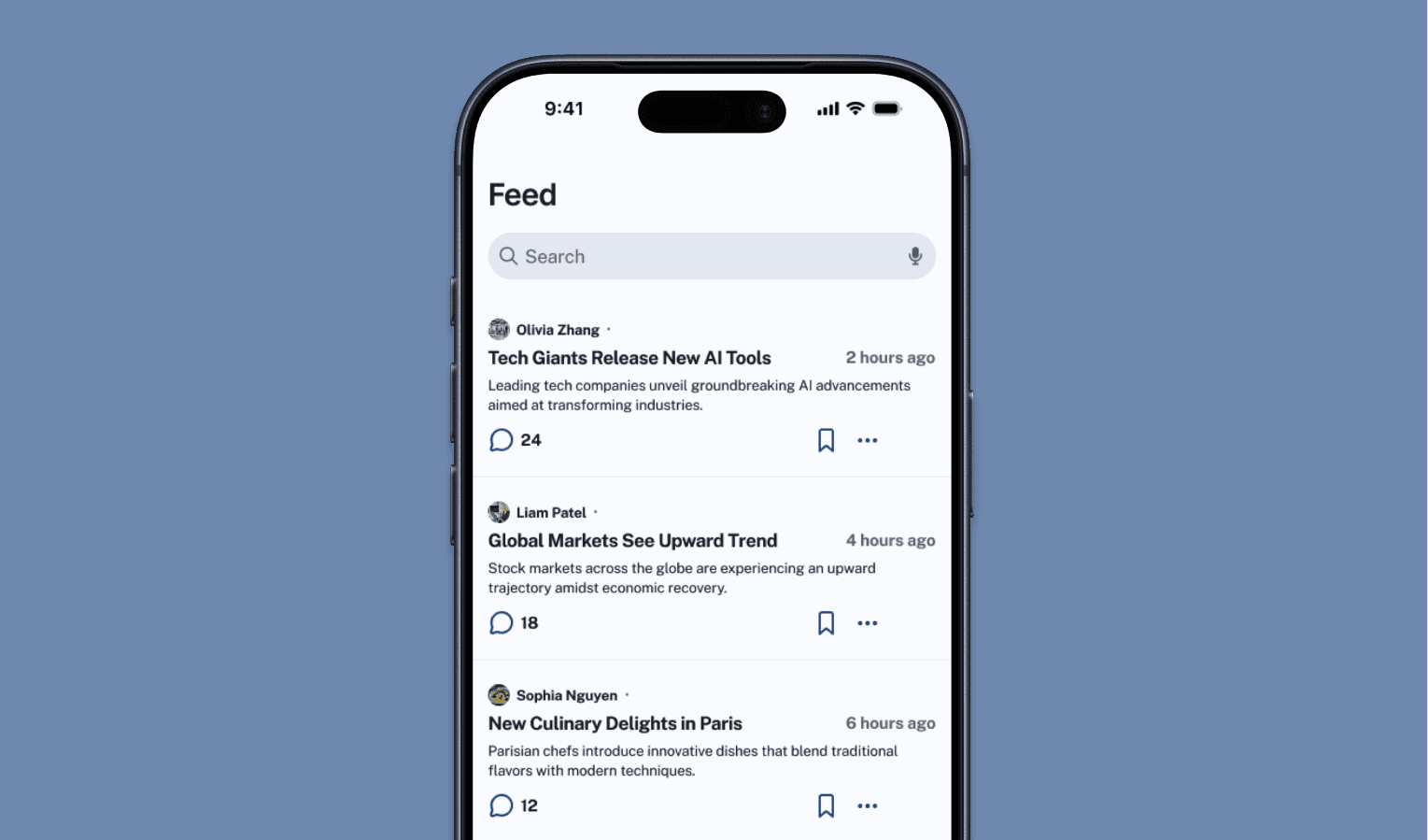 Mobile UI showing a feed of trending tech news in an iOS app called Trend Pulse, designed to track community discussions and emerging trends for developers.