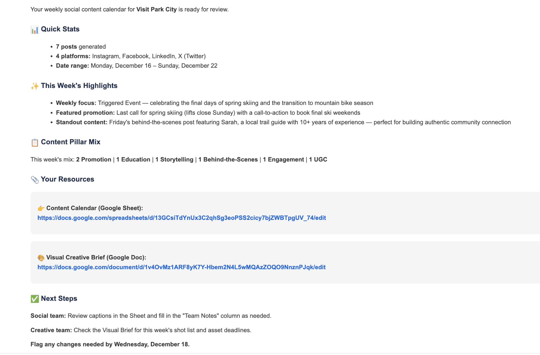 Email output with links to Social Content Calendar Sheet and Google Doc Brief. Note: sample destination & data used