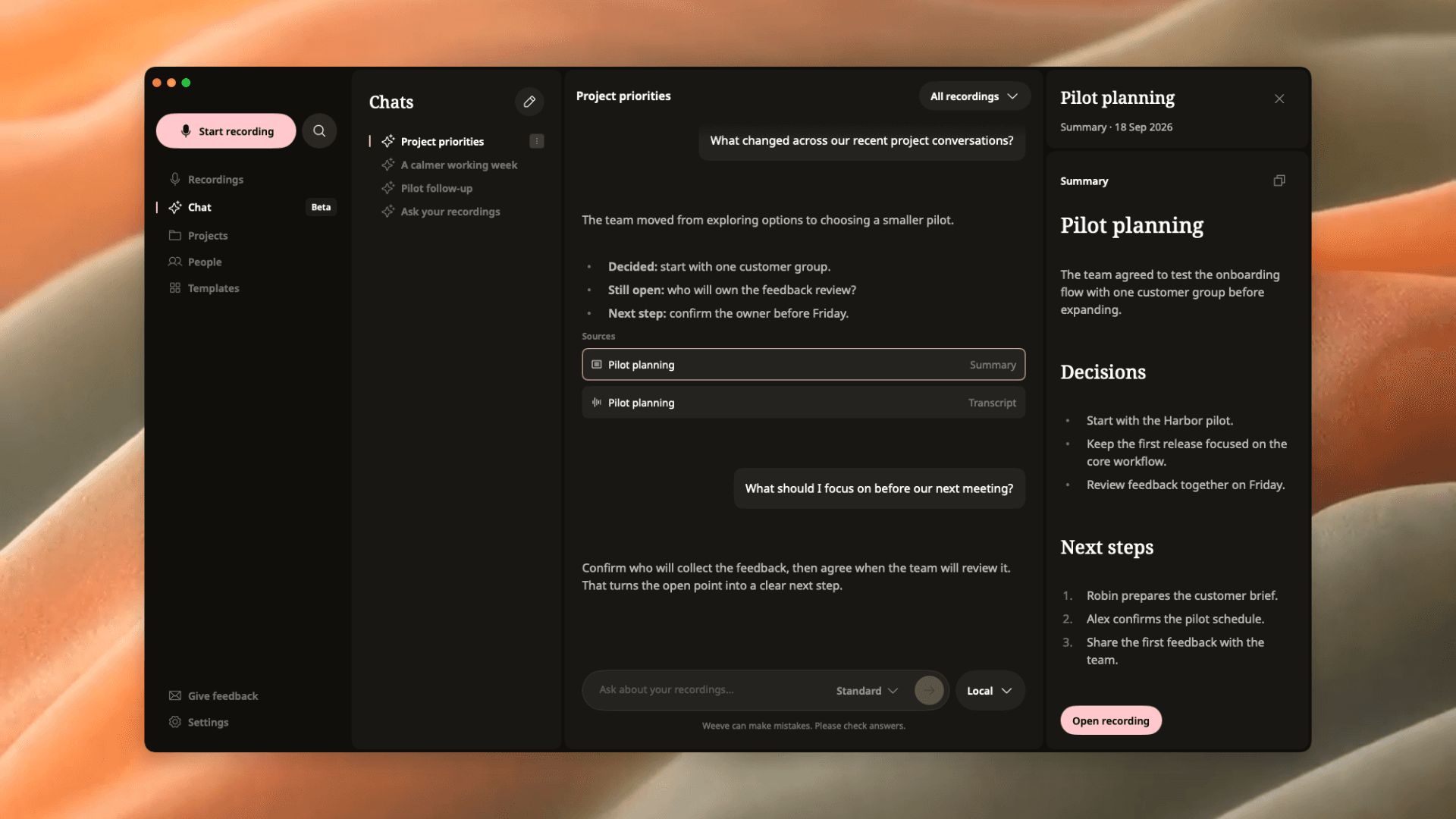 Weeve Chat with a linked pilot-planning summary open beside the conversation.