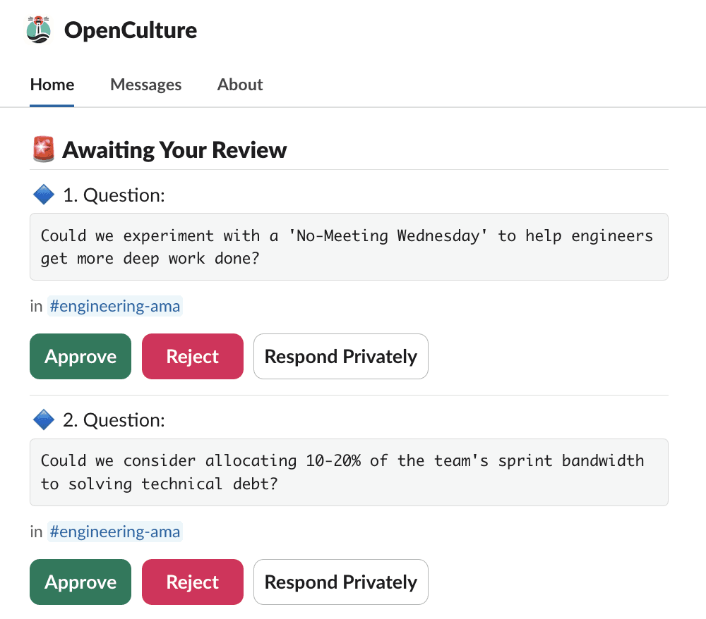 Screen capture of the OpenCulture Bot's admin panel showing 'Pending Moderation Tasks'. There are two questions awaiting review. The first asks about plans to address tech-debt systematically, tagged in #engineering-ama. The second seeks clarity on the career advancement roadmap for engineers, also in #engineering-ama. Each question has 'Approve' and 'Reject' buttons beneath it, allowing a moderator to decide whether to post them to the respective Slack channel.