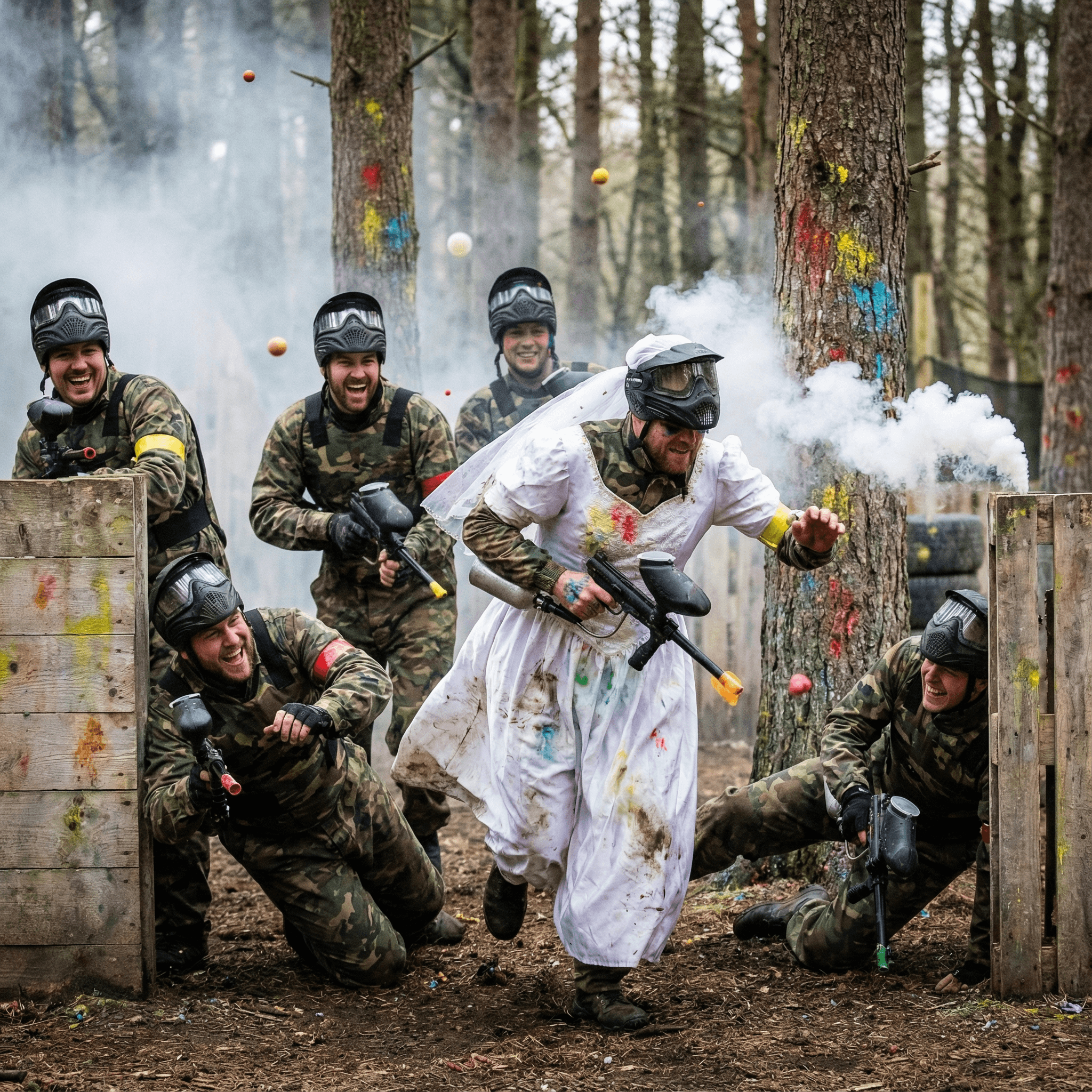 stag do group playing paintball