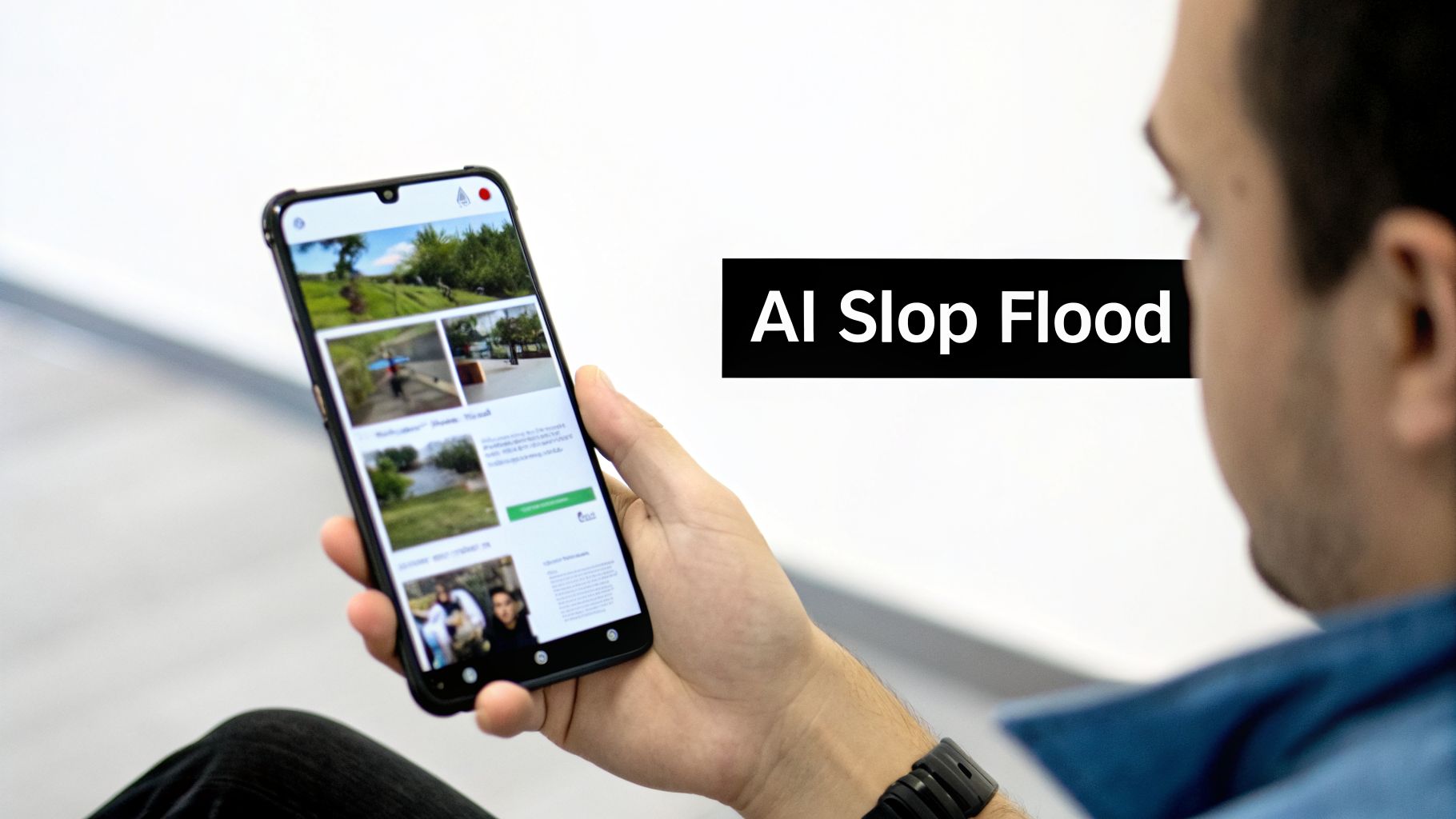 A person holds a smartphone displaying various images, with 'AI Slop Flood' text on a white background.