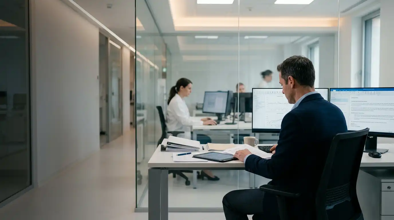 Executive working at a desk in a glass-walled office