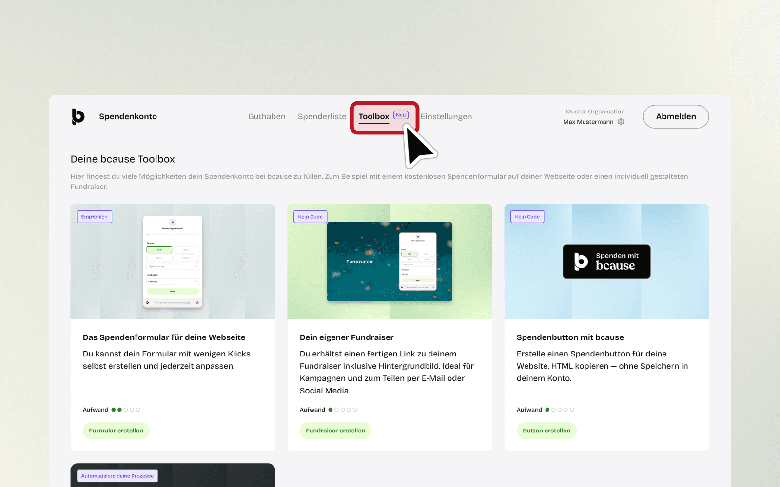 Toolbox-Bereich mit drei Werkzeugen zum Erstellen von Spendenformular, Fundraiser und Spendenbutton.