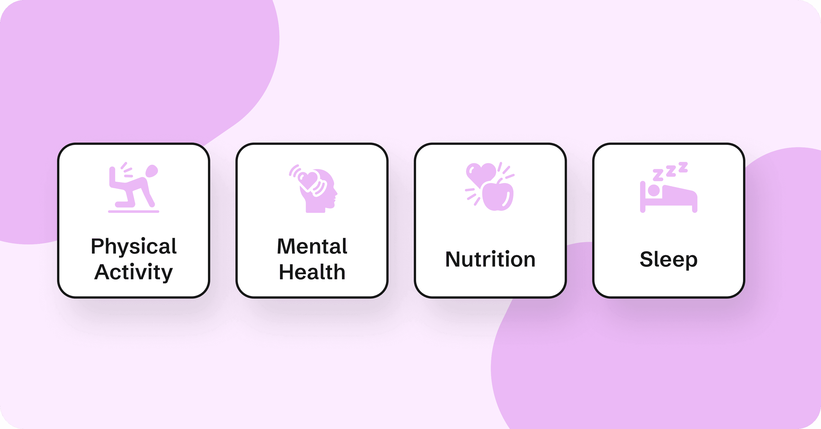 Four icons for options: Physical Training, Mental Health, Nutrition, and Relaxation, set on a soft purple background.