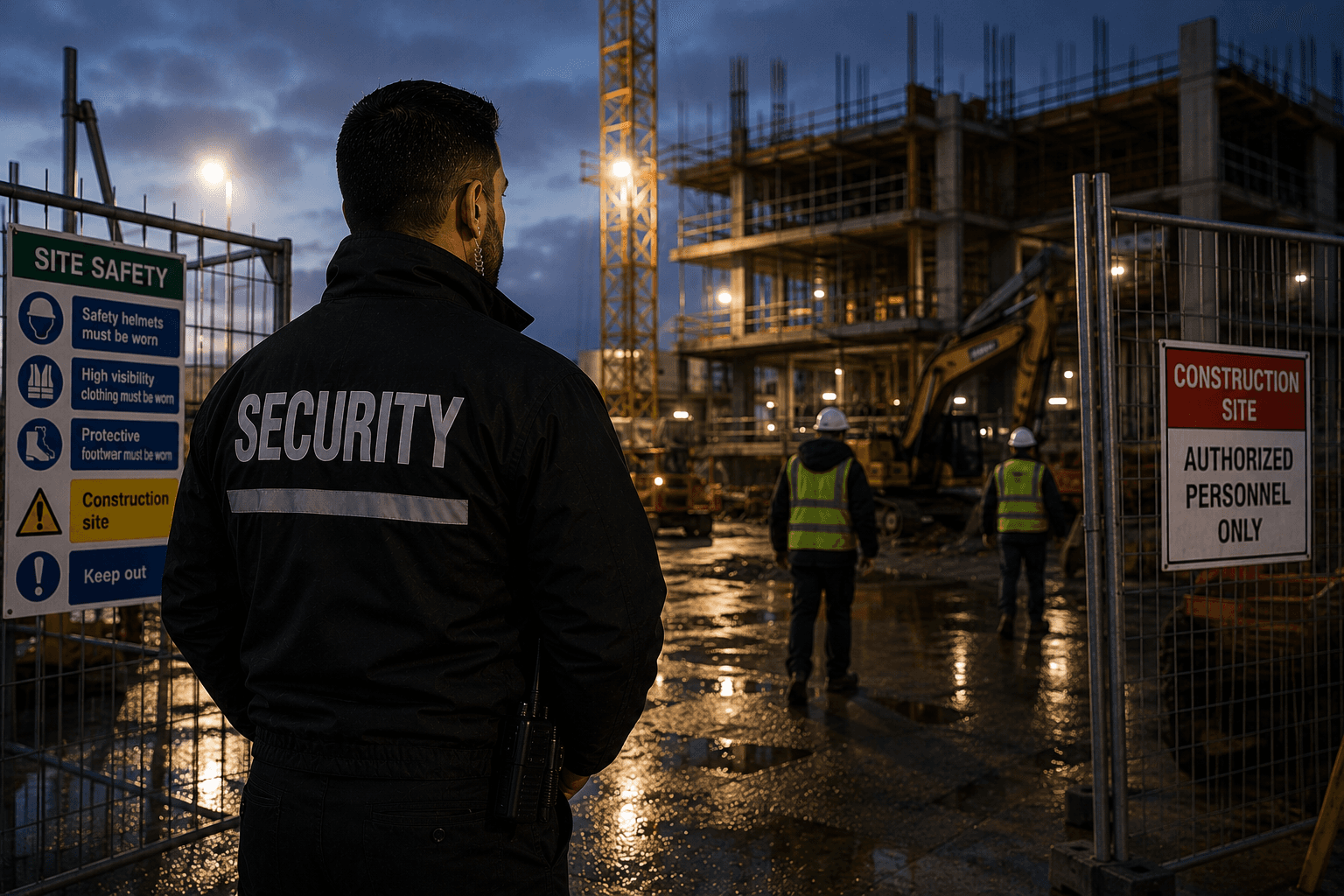 Construction site security guard monitoring a live building site with cranes and machinery during low light conditions.