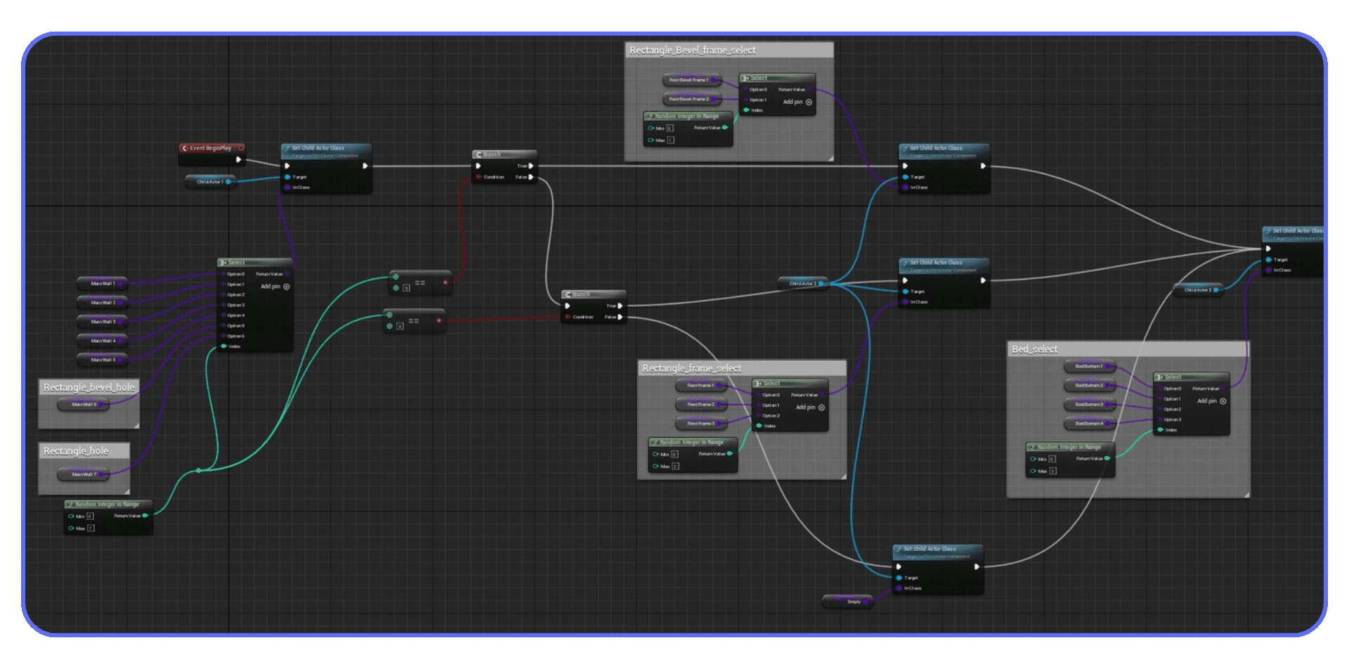 Complex Blueprint node graph for gameplay logic in Unreal Engine