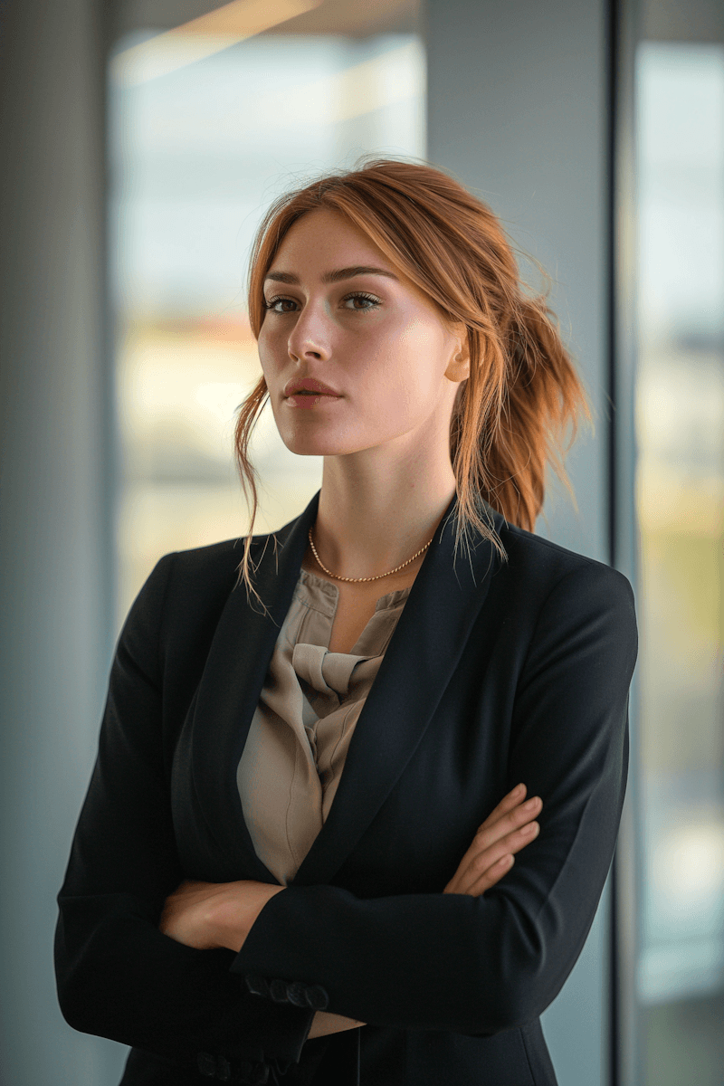 Young woman in black suit, standing confidently.