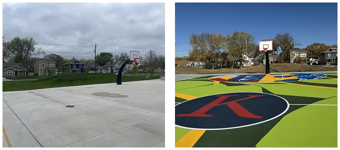 Before and after photos of colorful multi-purpose court resurfacing in Des Moines, IA featuring green and black design with red logo