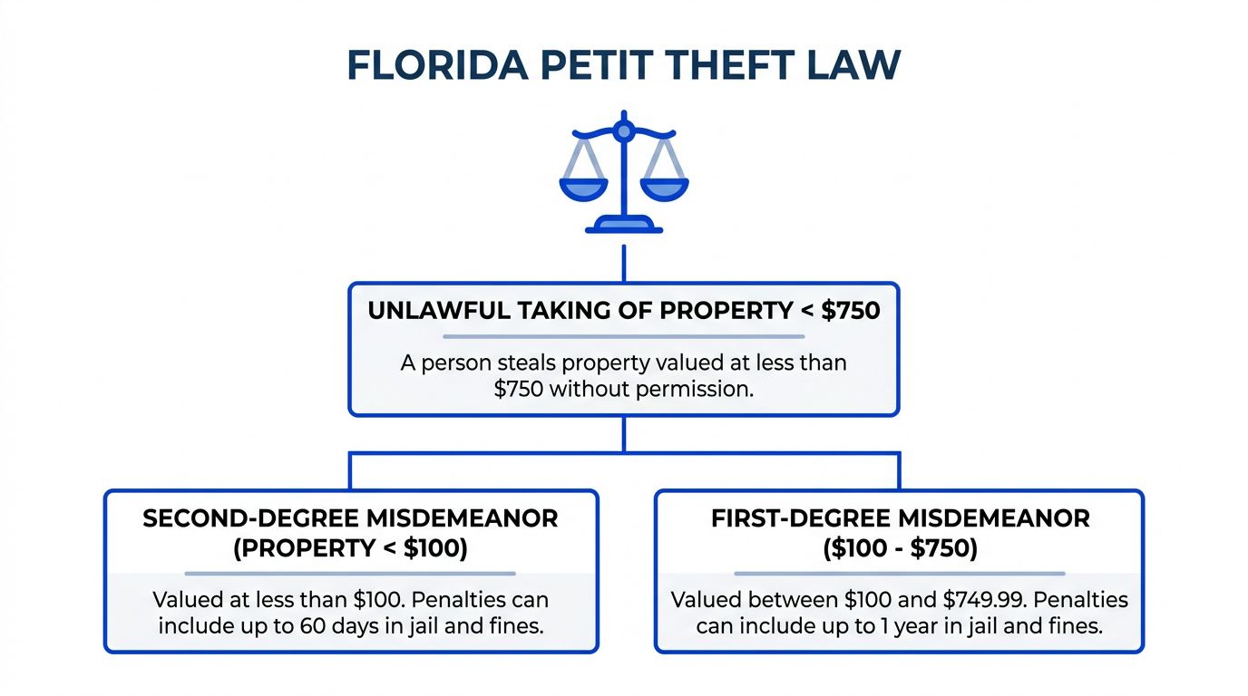 An informational flowchart detailing the legal classifications and penalties for petit theft in the state of Florida.