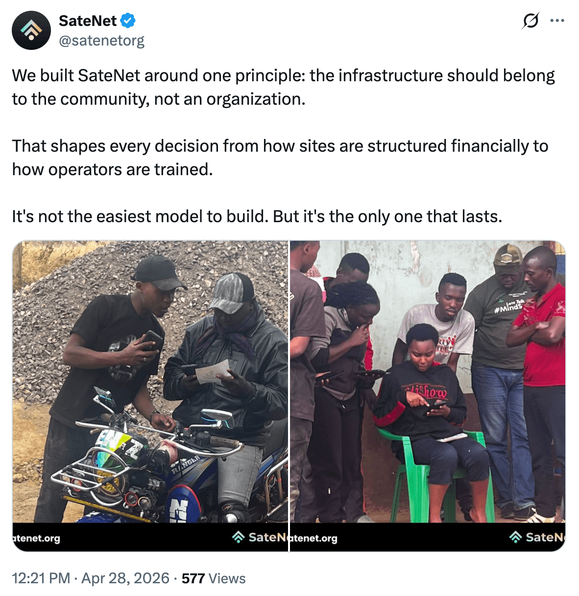 SateNet community members in an underserved area installing satellite internet infrastructure funded through Bitcoin payments via the Fedi app