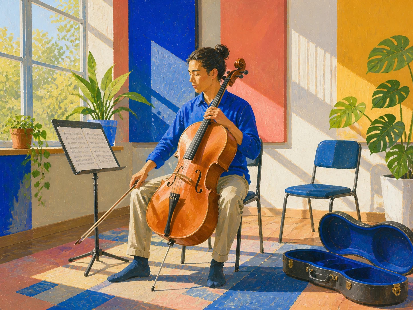 A cellist pauses at the natural end of a musical passage instead of stopping mid-phrase.