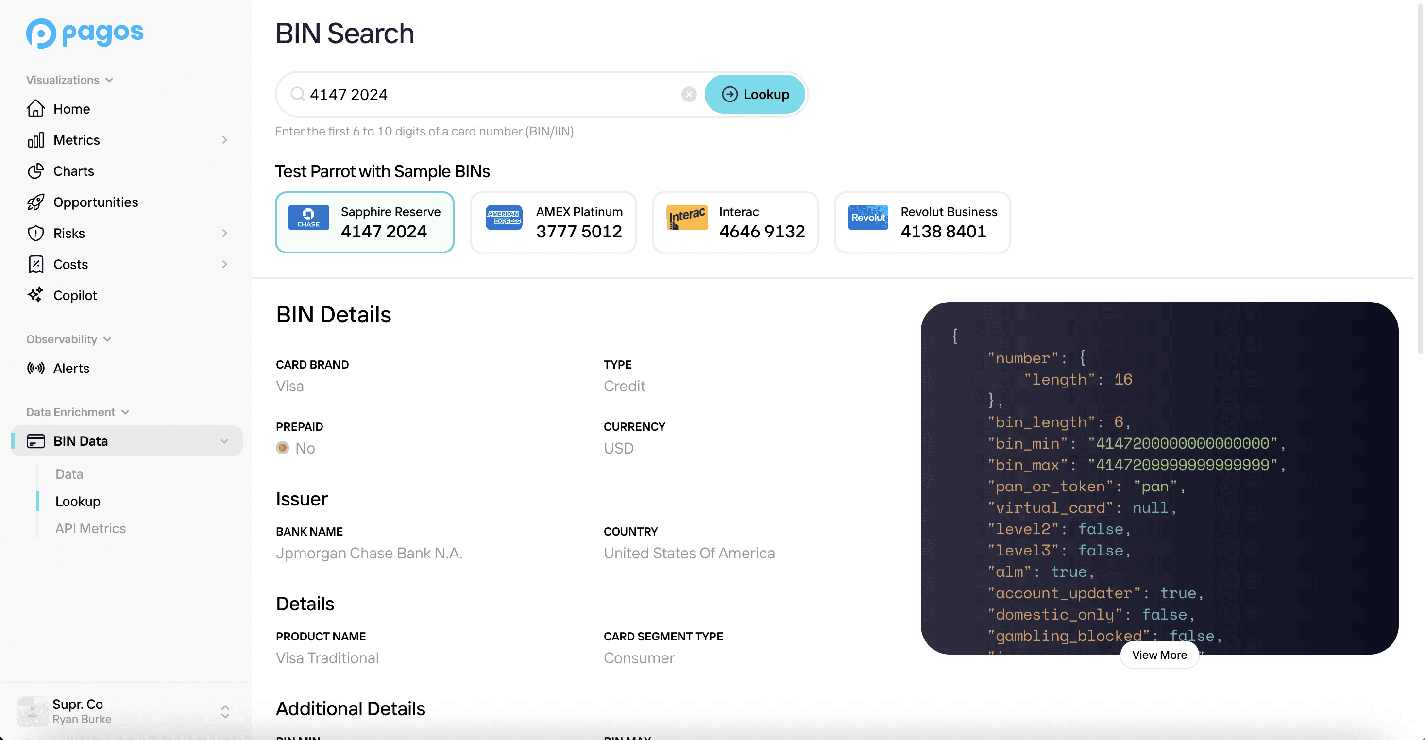 Looking up detailed BIN data in the Pagos dashboard.