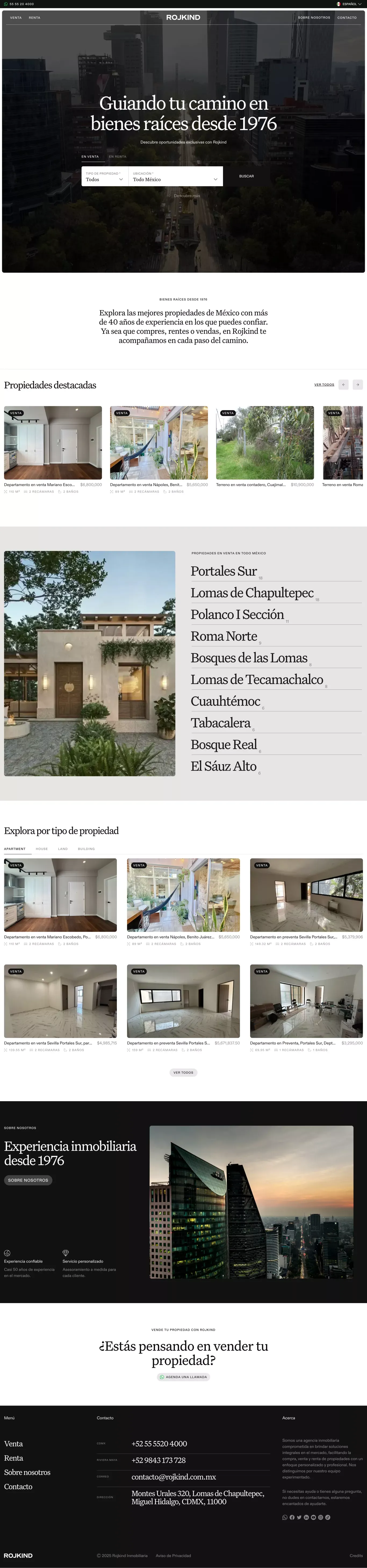 Rojkind Inmobiliaria portfolio page screenshot showcasing Architecture and Real Estate design