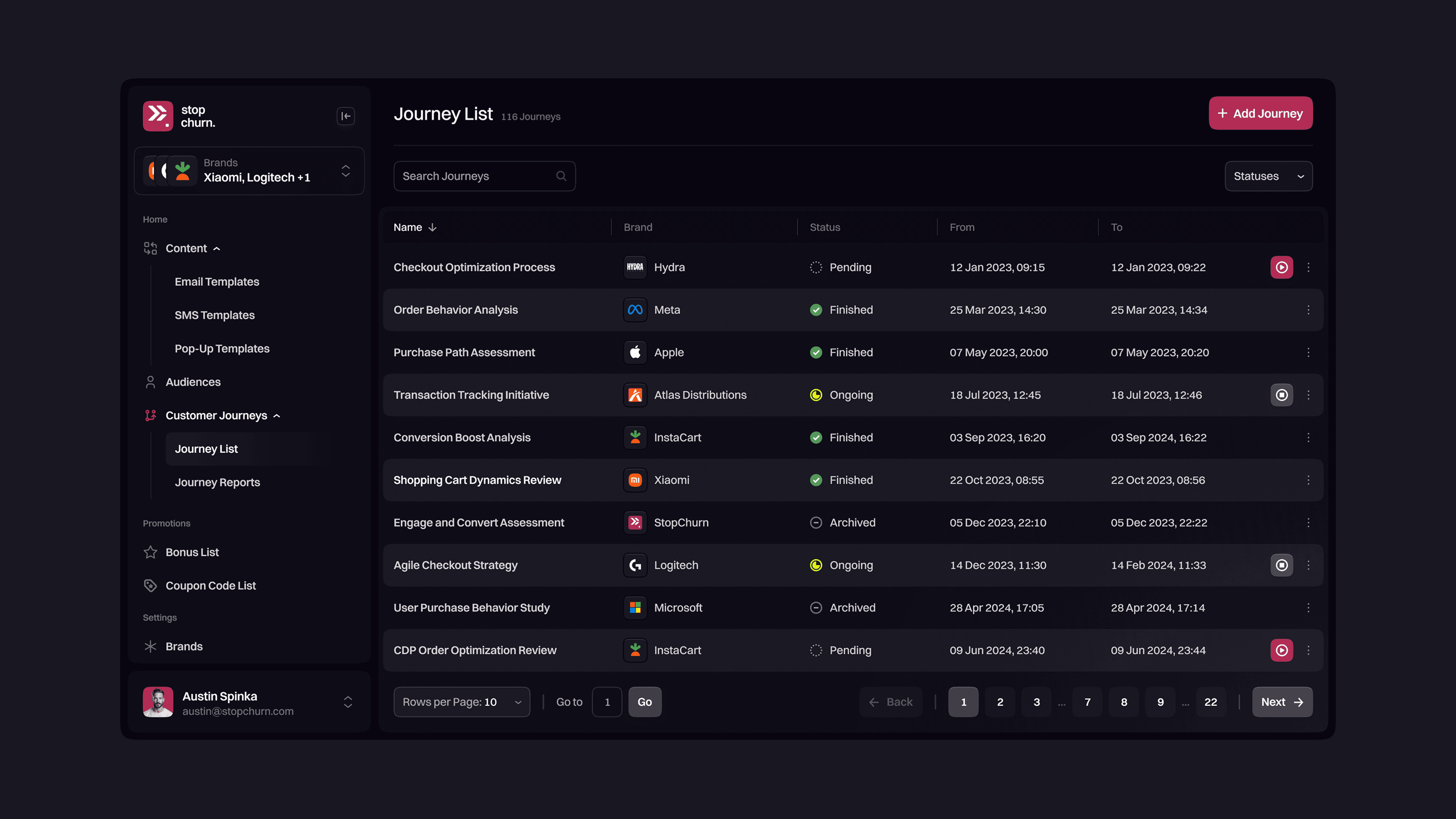 stopchurn journey list ui design