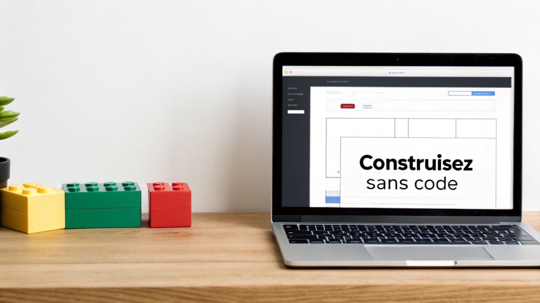 Un ordinateur portable affichant « Construisez sans code » avec des blocs de construction colorés sur un bureau en bois.