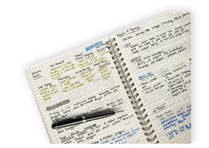 a journal notebook with notes about user journey and marketing info