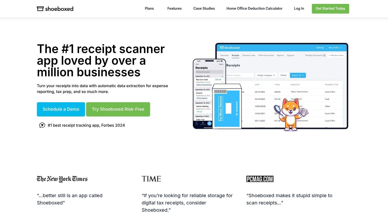 A landing page for Shoeboxed app, showcasing its receipt scanning, data extraction, and expense tracking features.