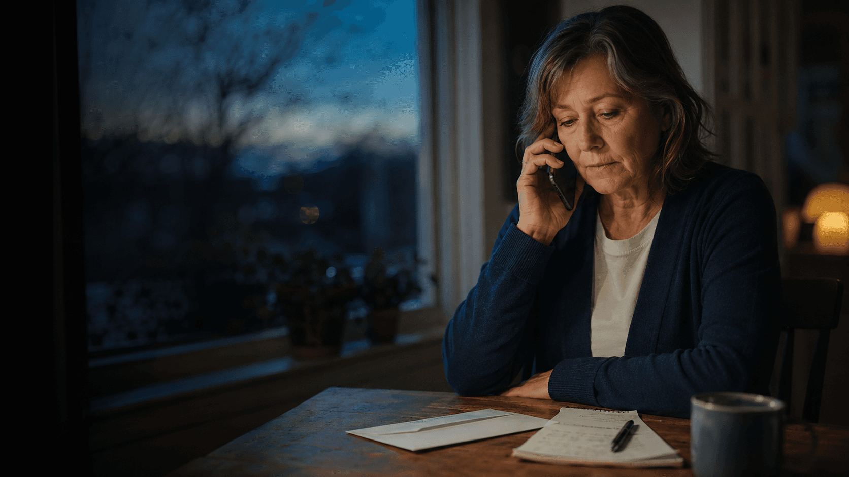 A woman listens to guidance by phone while reviewing family paperwork at home.