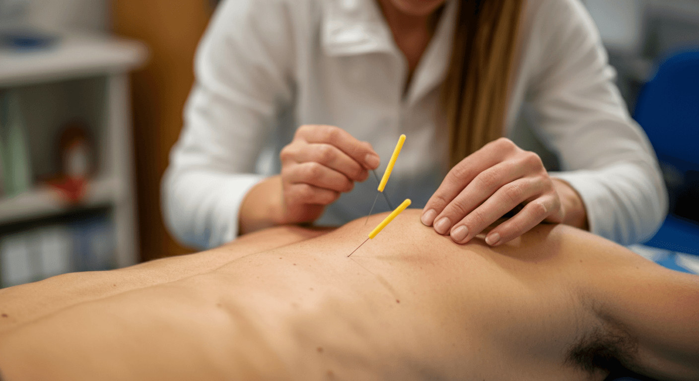 Close-up of a therapist performing dry needling therapy on a patient’s back—targeting muscle pain relief, myofascial release, and physical therapy recovery.