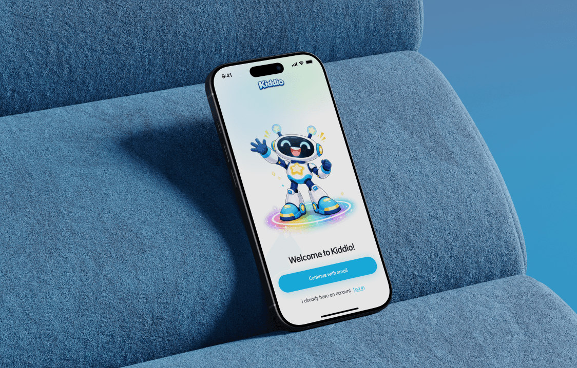 Phone mockup showing a blue character against a sofa.