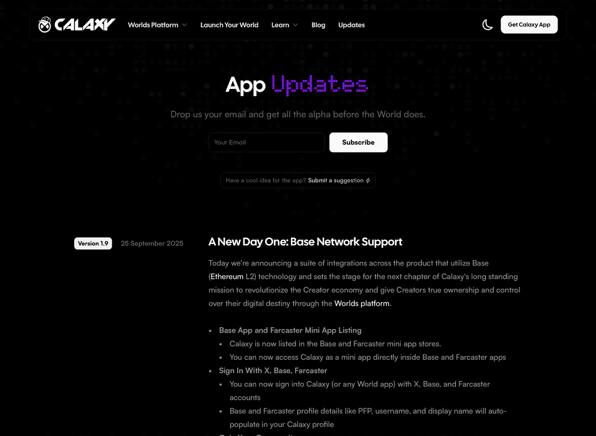 Calaxy website App Updates page - Version 1.9 changelog announcing Base Network Support, Farcaster mini app listing, and X sign-in integration with email subscription form