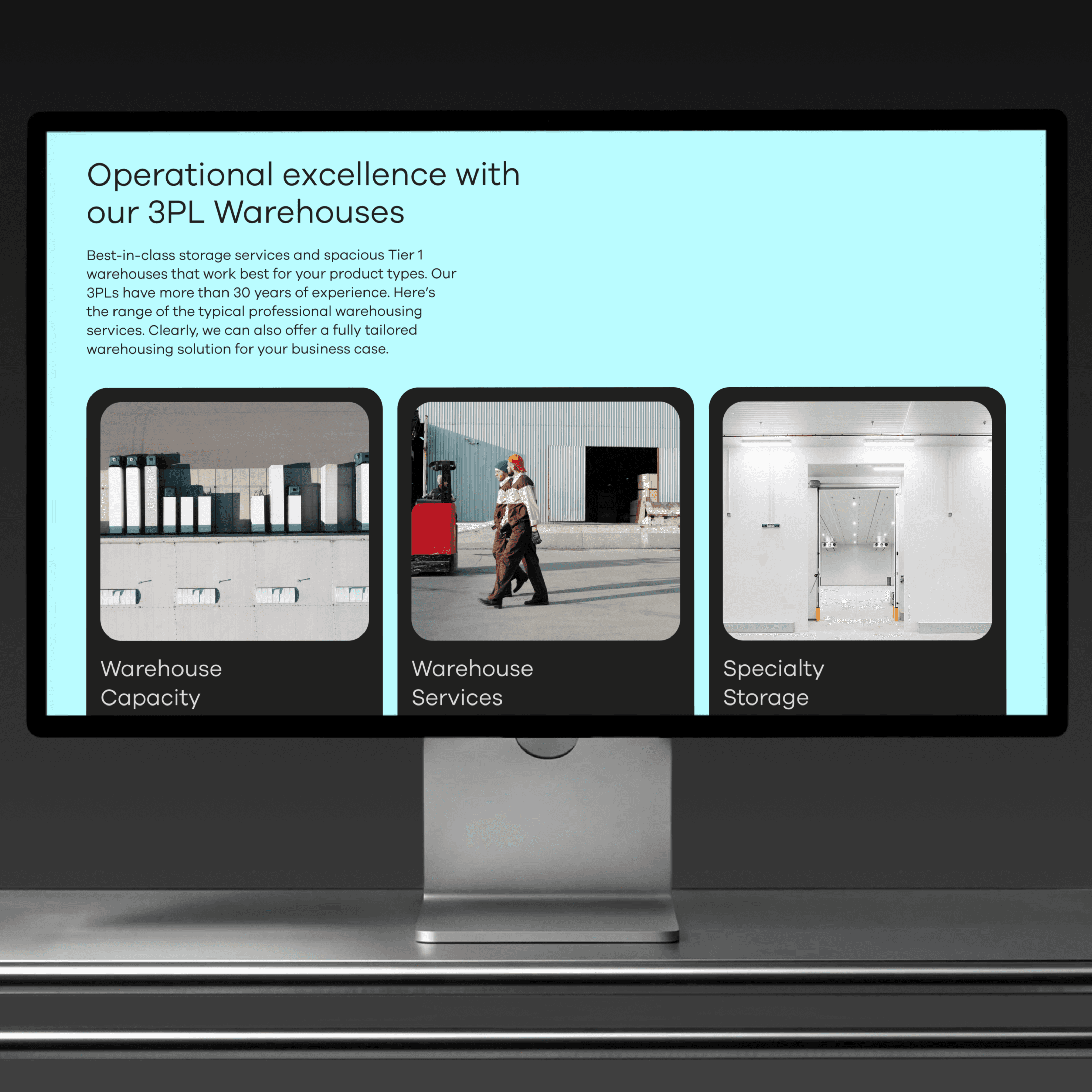 Everstox website on a desktop monitor displaying the '3PL Warehouses' section with warehouse interior photography and service categories