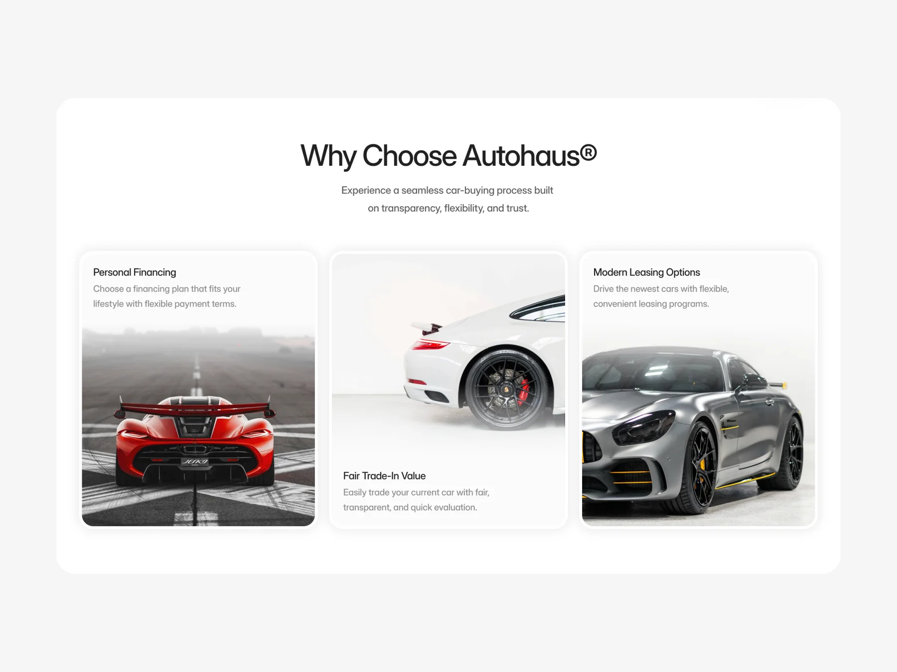 Car dealership website template benefits section explaining financing and services