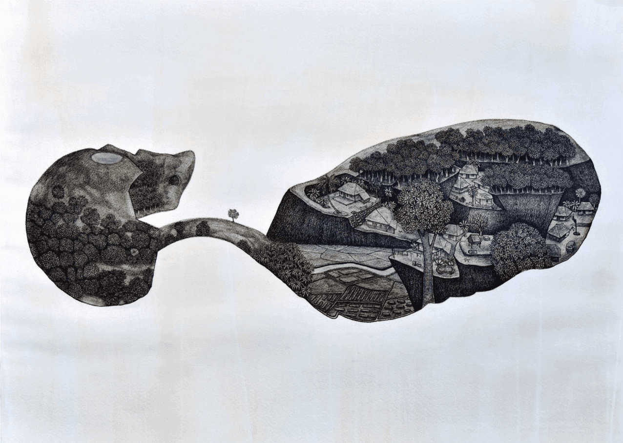 herd of sheep on road painting