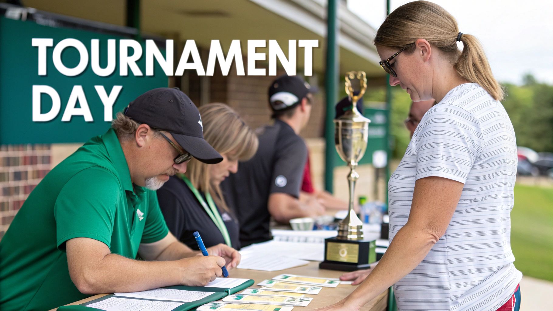 People checking in at a golf tournament registration desk with a trophy.