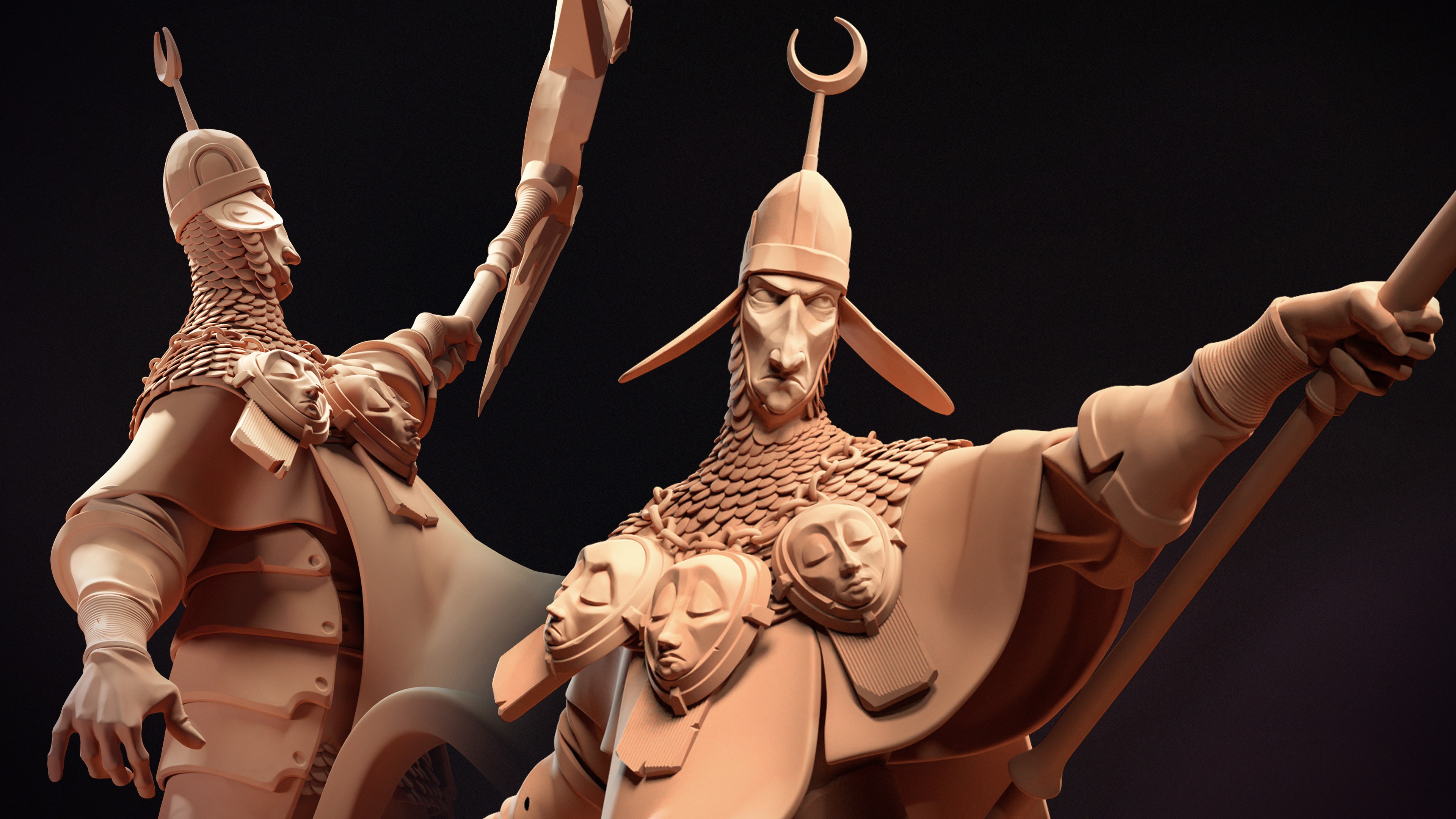 Two bronze sculptures of warriors, adorned with helmets and intricate details, striking dynamic poses.