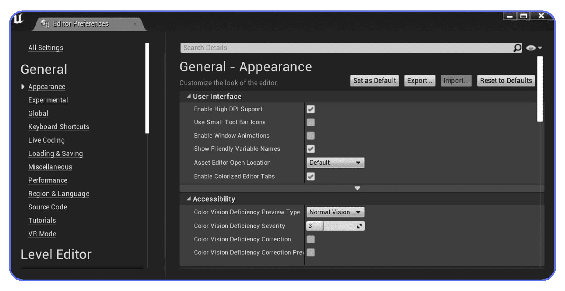Unreal Engine editor preferences panel showing interface and accessibility settings