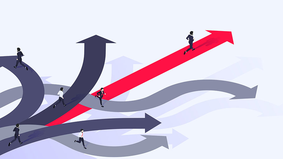 Arrows weaving over straight red arrow & runner