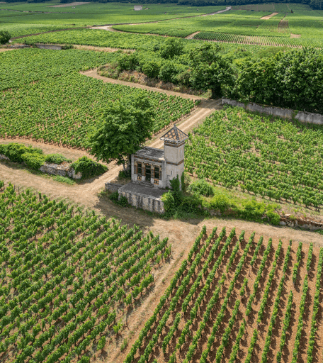 A panoramic view of a lush vineyard with rolling hills and a river in the background.
