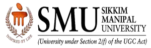 The logo of Sikkim Manipal University features a stylized emblem with a torch and laurel wreath, accompanied by the text "SMU" and "Sikkim Manipal University," promoting its association with quality education and UG/PG Online Degree Programs.