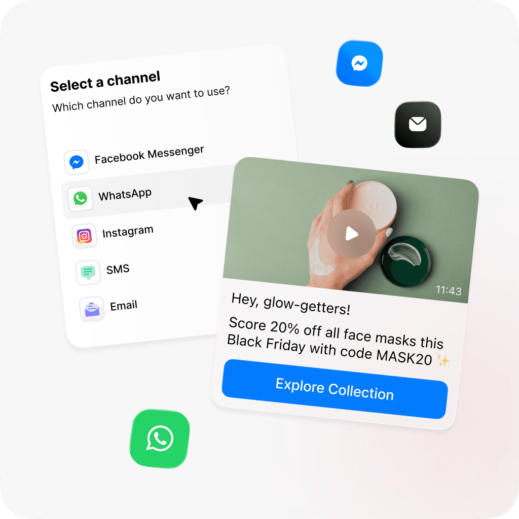 Channel selection interface for sending a personalized message across various platforms, including WhatsApp, Facebook Messenger, Instagram, SMS, and email. The message offers 20% off face masks for Black Friday with the code MASK20.