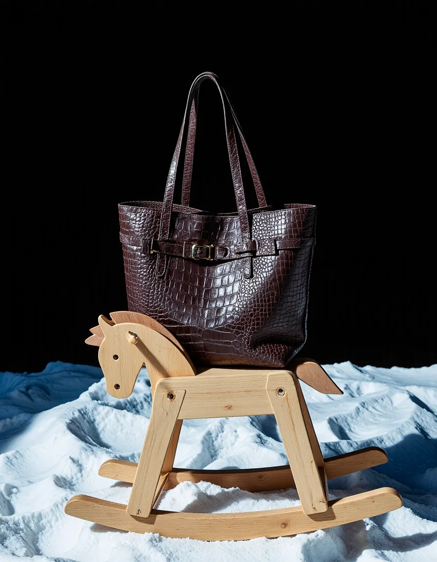 Brown crocodile leather handbag with wooden rocking horse toy on blue winter blanket against black background