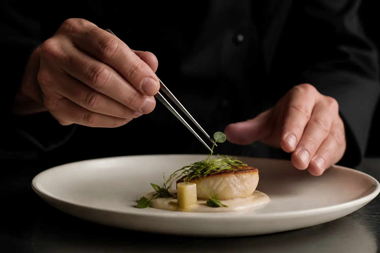 Chef adding a garnish to a finished plate
