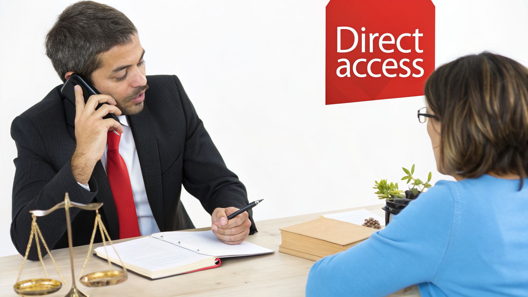 A lawyer speaking on the phone while consulting with a client at a desk with scales of justice.