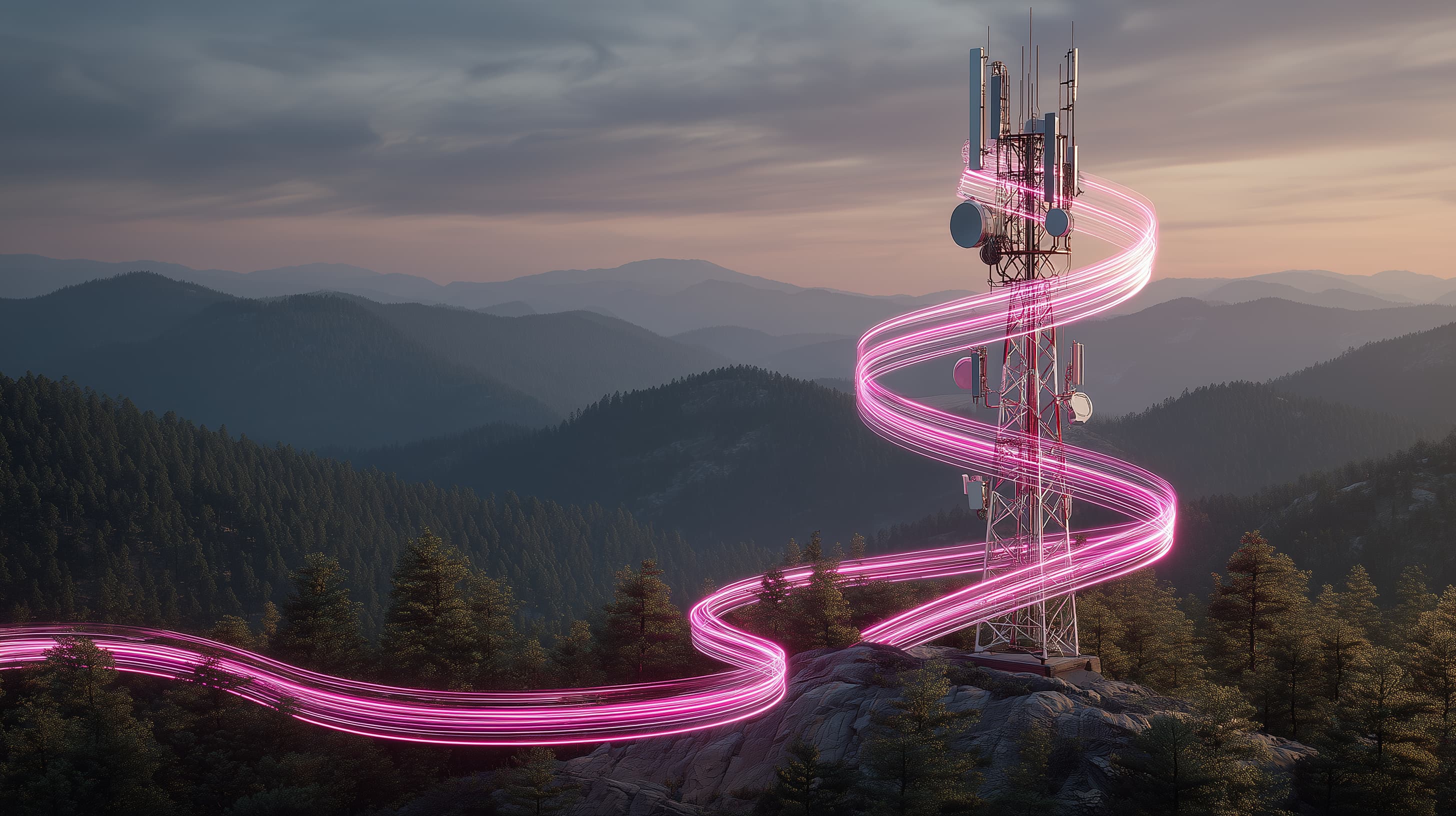 A telecommunications tower with glowing signal paths, representing digital connectivity.