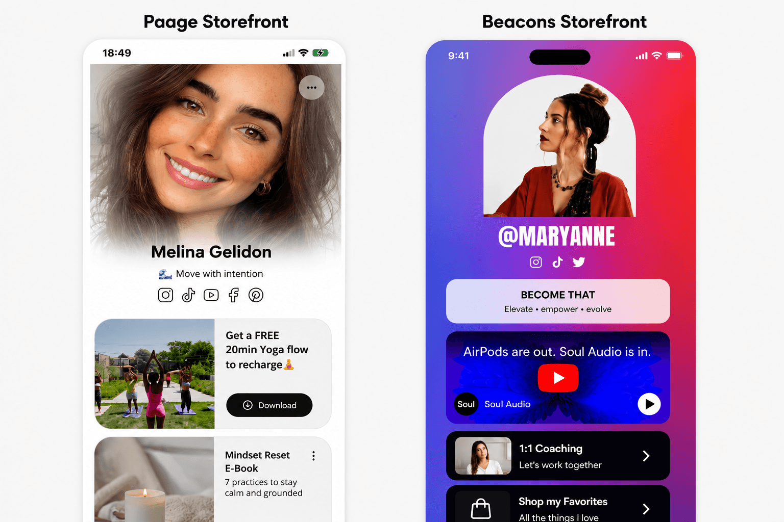 Side-by-side comparison of the Paage and Beacons link-in-bio storefronts