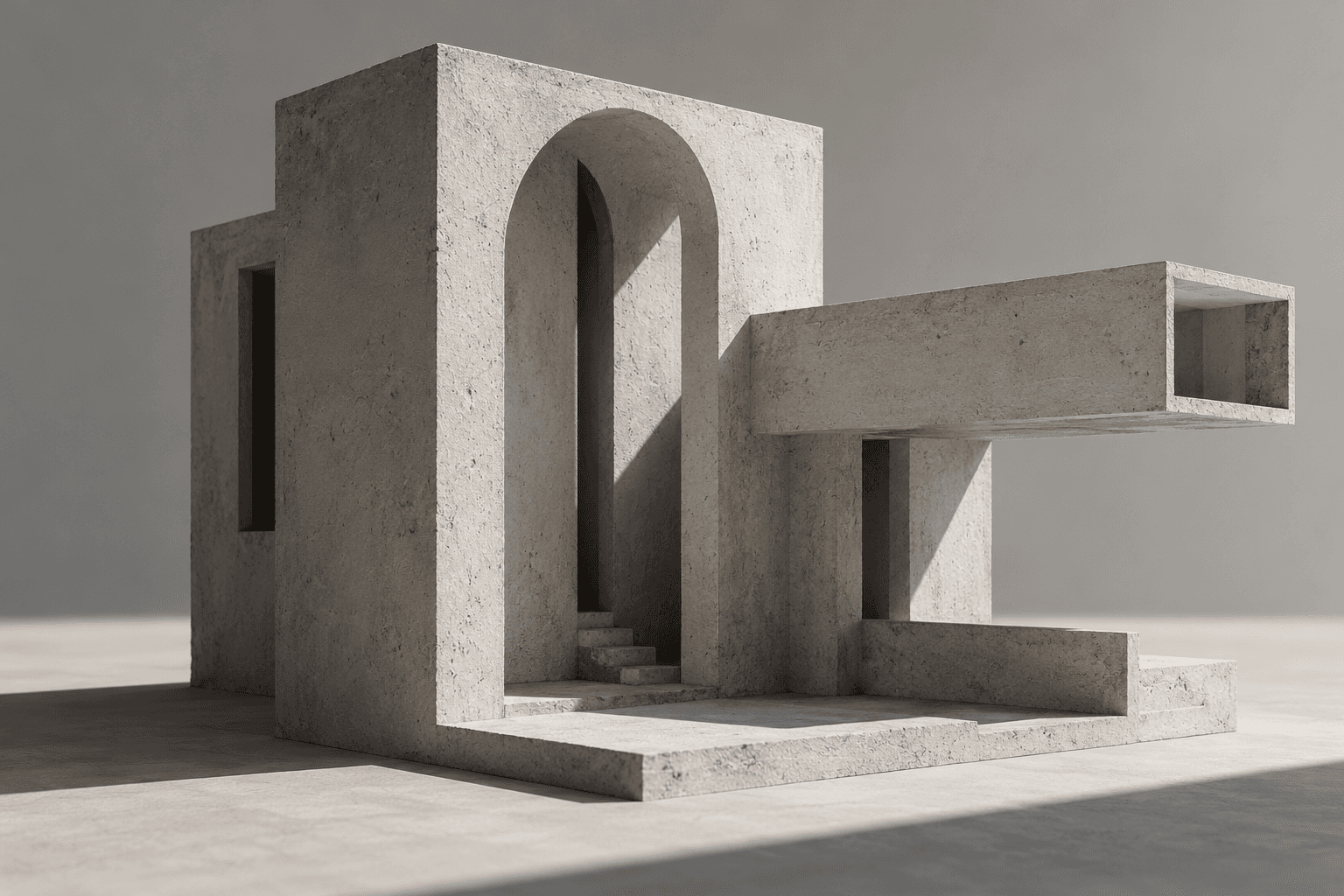 Original fictional pale plaster architectural model with an arched lightwell and side lighting.