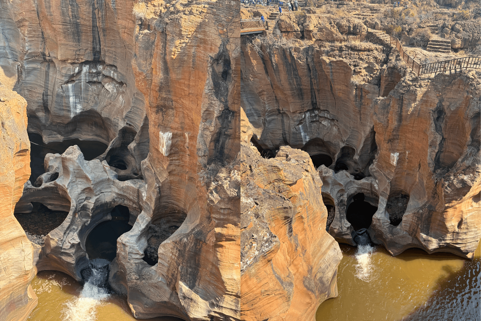 Formations rocheuses cylindriques sculptées par l’érosion, avec de l’eau circulant au fond des cavités et des passerelles d’observation au-dessus.