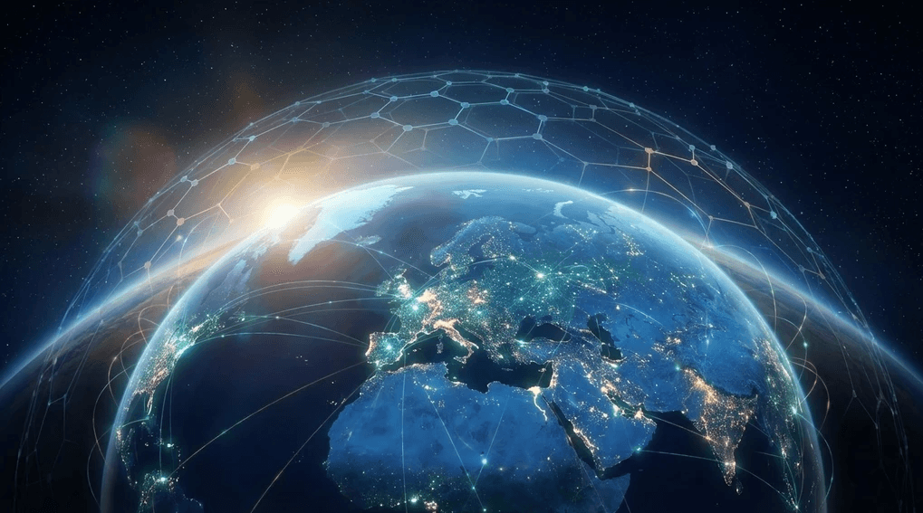 Futuristic visualization of global decentralized artificial general intelligence network connecting communities worldwide