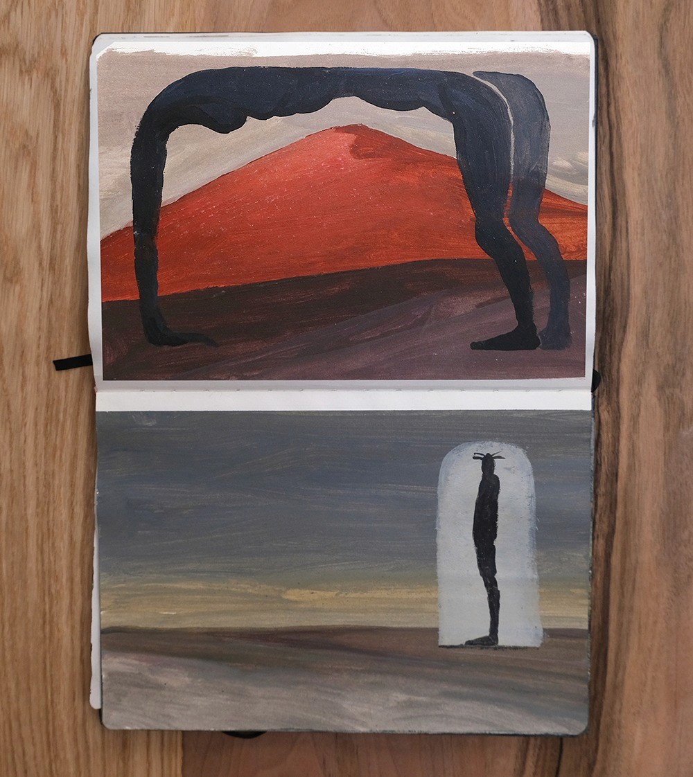 photo of the drawing notes and two pictures: one is the person doing a yoga pose and we see a orange mountain behind him and the secon is person like a ufo who just arrive in deserd